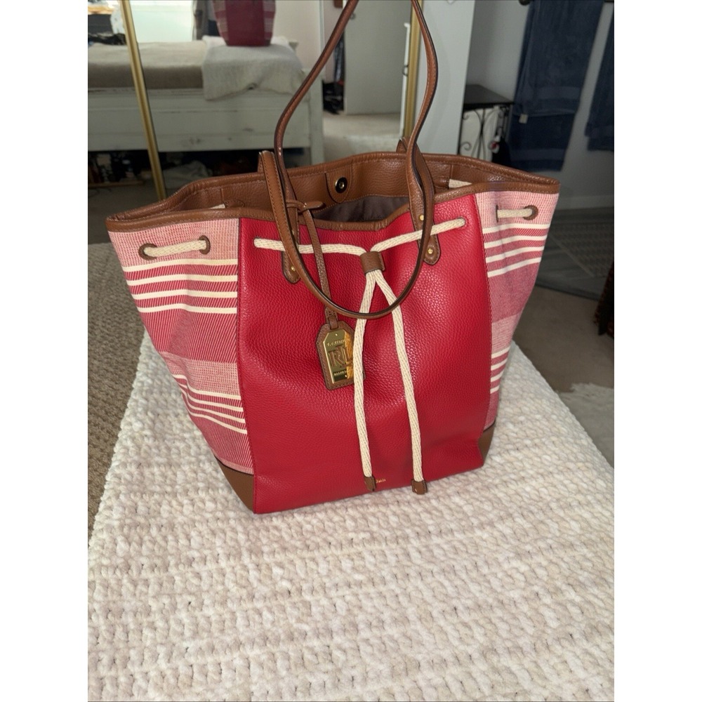 Ralph Lauren Saffiano Leather Drawstring Tote Shoulder Hand Bag  Red Tan Large